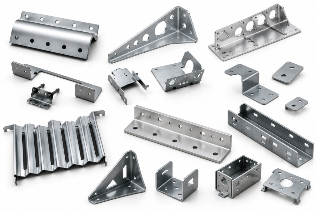 A collection of custom sheet metal fabrication and stamping parts, including bent brackets, enclosures, angles, and channels