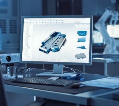 On the Desk Computer With CAD Software and Design of 3D Industrial Machinery Component