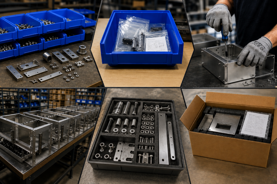 Manufacturing process for custom metal enclosures and precision kits, moving from sorted hardware bins and component machining to assembly, foam-tray kitting, and final boxed packaging.